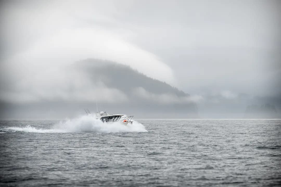 Sport fishing boat running at speed across open gray water, mist-wrapped forested headland behind.