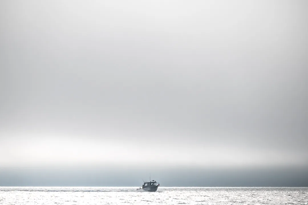 Small charter boat crossing open water beneath a pale overcast sky, dwarfed by the expanse of sea and mist.
