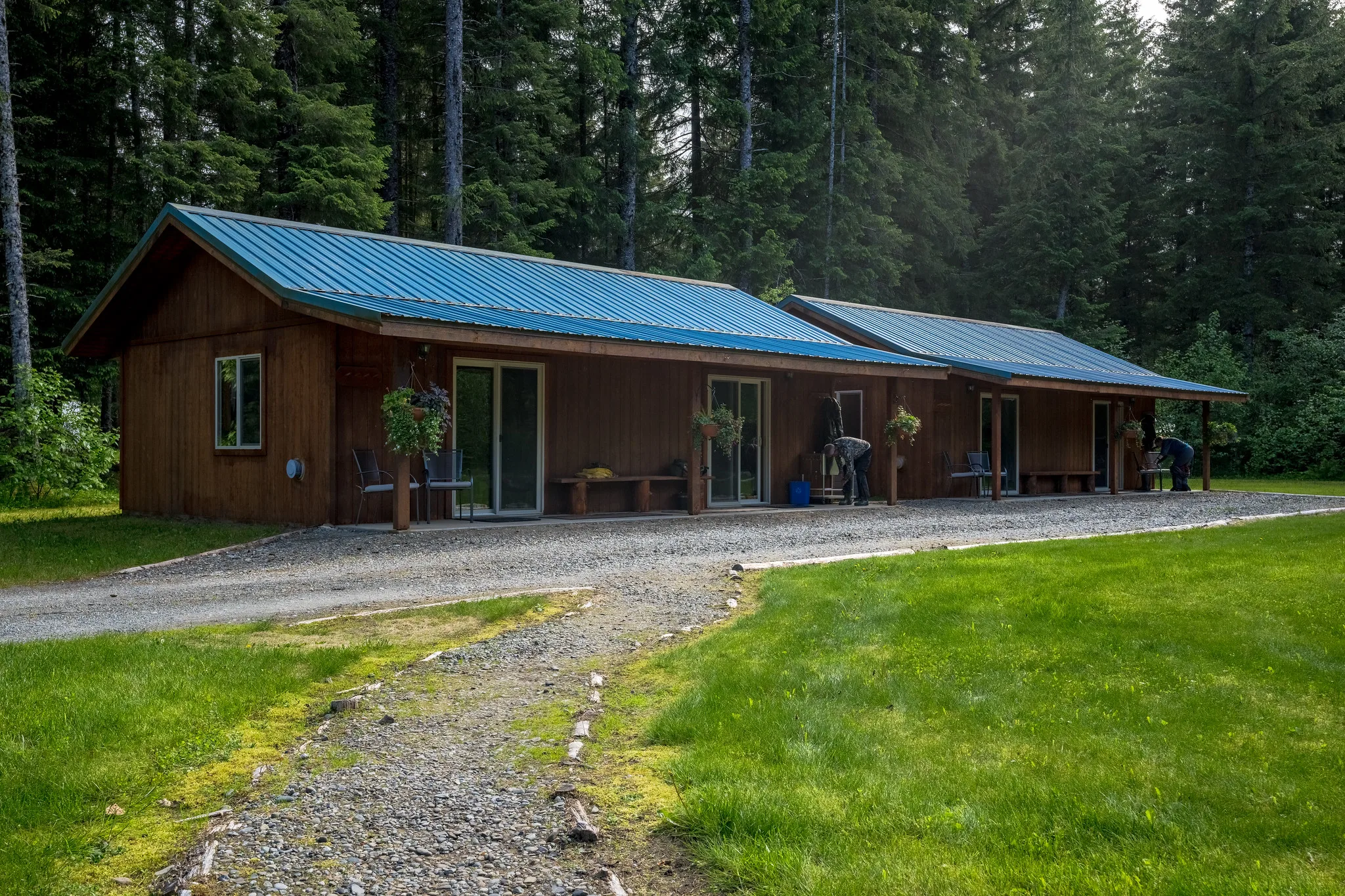 Wood-sided lodge building with blue metal roof, covered porch, and gravel drive set against spruce forest.